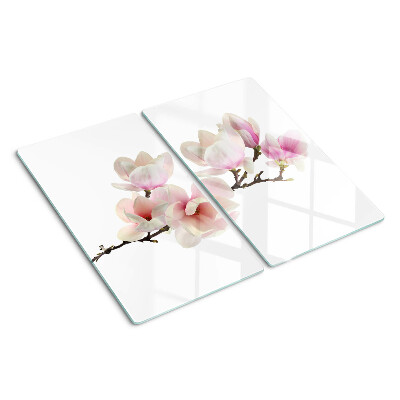 Schneidebrett glas Magnolienblüten auf einem Zweig