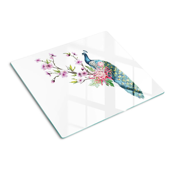 Glasschneidebrett Pfau mit Blumen