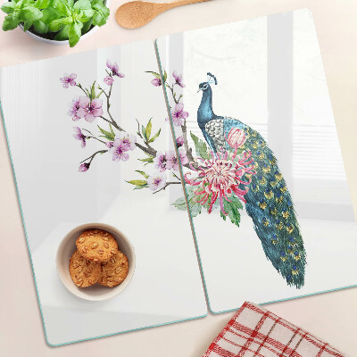 Glasschneidebrett Pfau mit Blumen