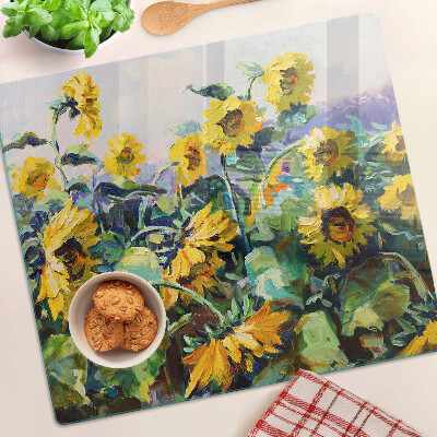 Glasschneidebrett Sonnenblumen im Garten