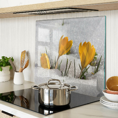 Schneidebrett glas Krokusse im Schnee