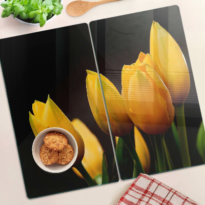 Glasschneidebrett Gelbe Tulpen auf schwarzem Hintergrund