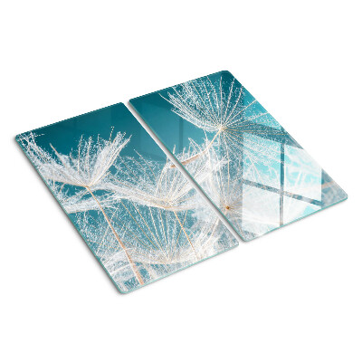 Schneidebrett glas Löwenzahn auf blauem Hintergrund