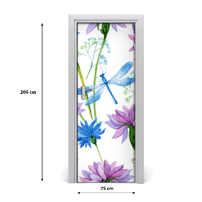 Selbstklebender aufkleber an der tür Blumen und libellen