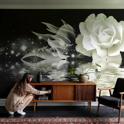 Fototapete fürs Wohnzimmer mit einer leuchtenden Rose als Motiv