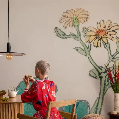 Wandtapete mit Blumendekor aus Blüten und Blättern