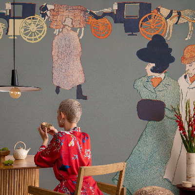 Fototapete fürs Wohnzimmer mit Motiv von Kutschen und historischen Kutschern