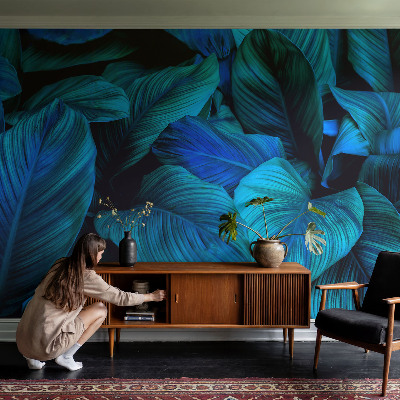 Fototapete aus Vlies mit blauem Blattmuster