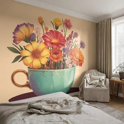 Fototapete fürs Schlafzimmer mit einem farbenfrohen Blumenstrauß als Motiv