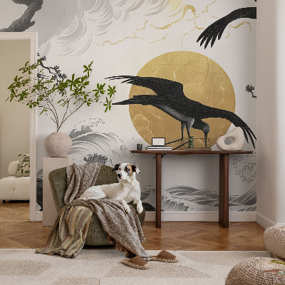 Fototapete fürs Wohnzimmer mit schwarzem Kranich-Motiv