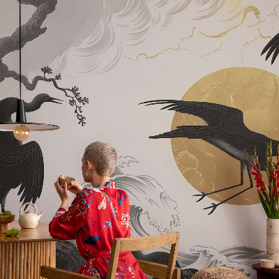 Fototapete fürs Wohnzimmer mit schwarzem Kranich-Motiv