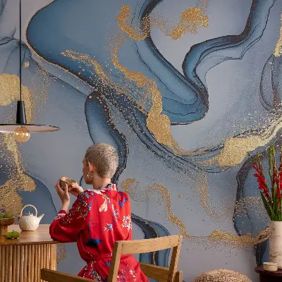 Fototapete fürs Schlafzimmer mit blauem Wellendesign
