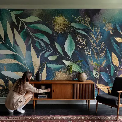 Fototapete fürs Schlafzimmer mit botanischem Blattmuster