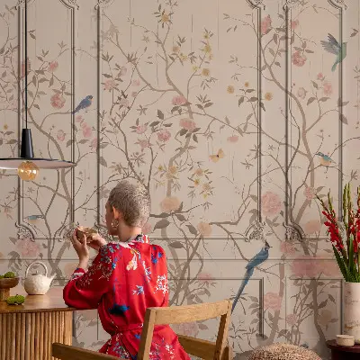 Moderne Vlies-Fototapete mit Vögeln und Blumen als Motiv