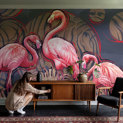 Vliestapete fürs Schlafzimmer mit rosa Flamingos als Muster