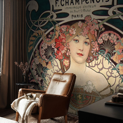 Vlies-Fototapete fürs Schlafzimmer mit einem Muster aus symmetrischen Blumen
