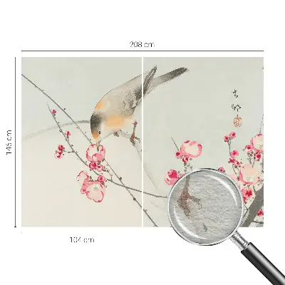 Fototapete fürs Wohnzimmer mit Blumen- und Vogelmotiv