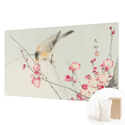 Fototapete fürs Wohnzimmer mit Blumen- und Vogelmotiv