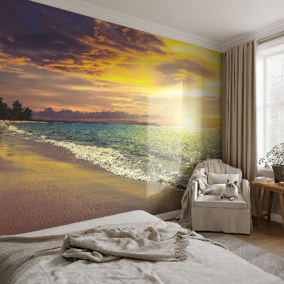 Selbstklebende Fototapete fürs Wohnzimmer mit Motiv eines Strandes bei Sonnenuntergang