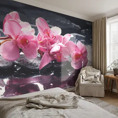 3D-Fototapete fürs Schlafzimmer mit floralem Motiv in eleganter Gestaltung