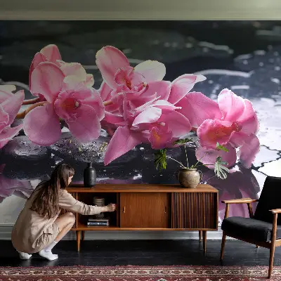3D-Fototapete fürs Schlafzimmer mit floralem Motiv in eleganter Gestaltung