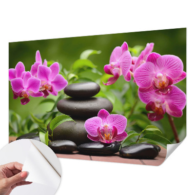 Fototapete in 3D-Optik mit Orchideen und Steinmotiv