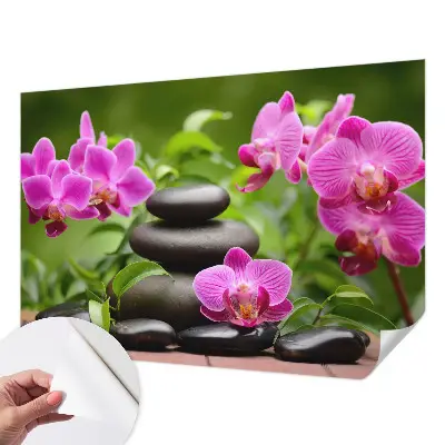 Fototapete in 3D-Optik mit Orchideen und Steinmotiv