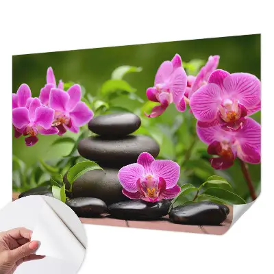 Fototapete in 3D-Optik mit Orchideen und Steinmotiv