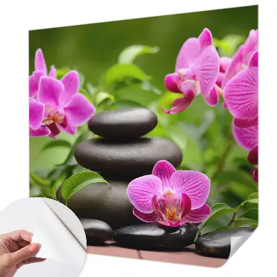 Fototapete in 3D-Optik mit Orchideen und Steinmotiv