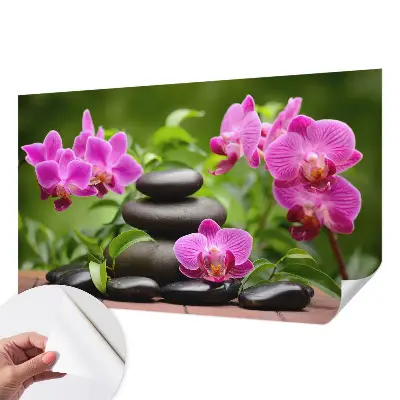 Fototapete in 3D-Optik mit Orchideen und Steinmotiv