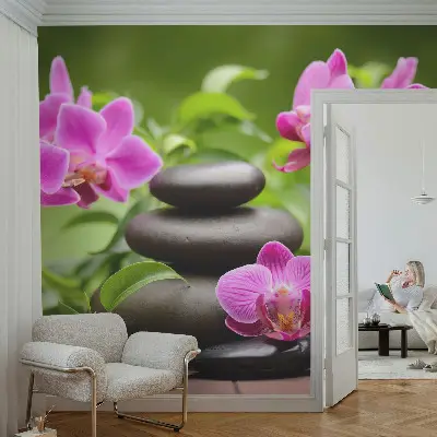 Fototapete in 3D-Optik mit Orchideen und Steinmotiv
