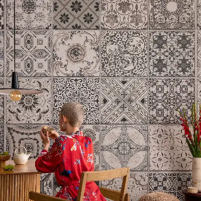 Selbstklebende Fototapete fürs Wohnzimmer mit Fliesenmuster
