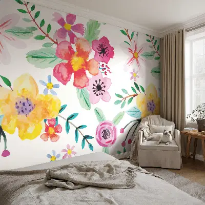 Motivtapete fürs Wohnzimmer mit blumigem Muster für frisches Ambiente