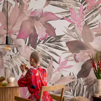 Selbstklebende Fototapete fürs Schlafzimmer mit exotischem Blumenmotiv