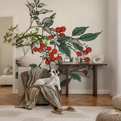 Selbstklebende Fototapete fürs Schlafzimmer mit einem Zweig voller Beeren als Motiv
