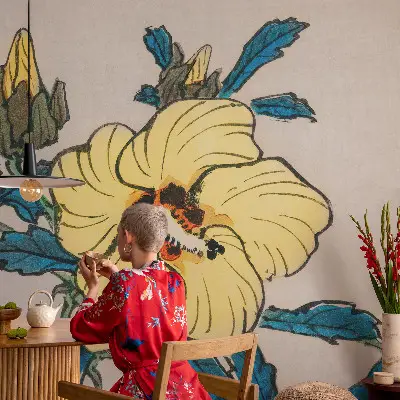 15D-Fototapete fürs Wohnzimmer mit gelber Blumenillustration