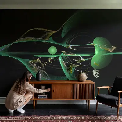 23D-Fototapete fürs Wohnzimmer mit grünem Wellenmotiv