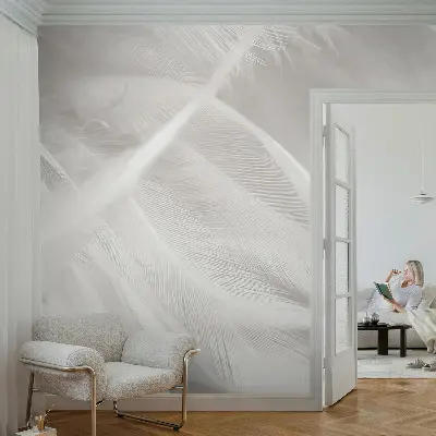 27D-Fototapete fürs Wohnzimmer mit feinen Federn als Motiv