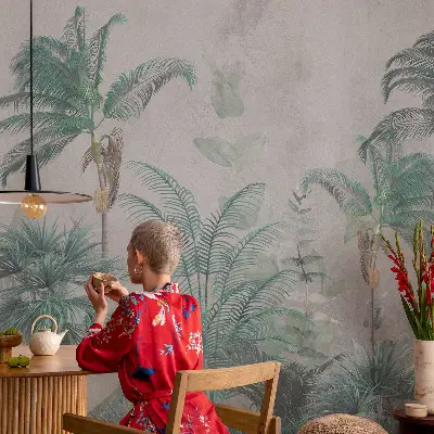 27D-Fototapete fürs Schlafzimmer mit exotischem Oasenmotiv