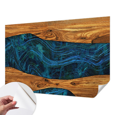Motivtapete fürs Wohnzimmer mit blauem Holzdesign