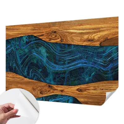 Motivtapete fürs Wohnzimmer mit blauem Holzdesign