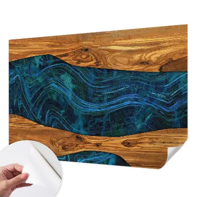 Motivtapete fürs Wohnzimmer mit blauem Holzdesign