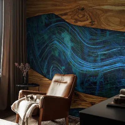 Motivtapete fürs Wohnzimmer mit blauem Holzdesign