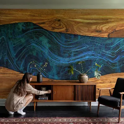 Motivtapete fürs Wohnzimmer mit blauem Holzdesign
