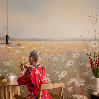 33D-Fototapete fürs Wohnzimmer mit Motiv einer Blumenwiese