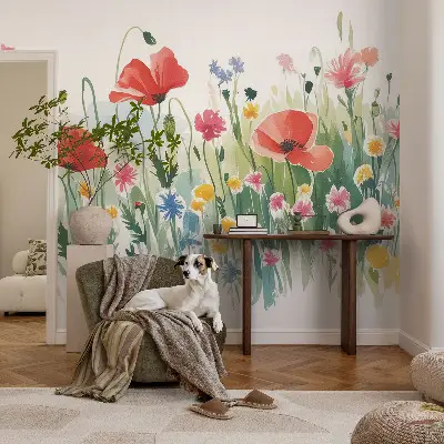 34D-Fototapete fürs Wohnzimmer mit Motiv einer Sommerwiese