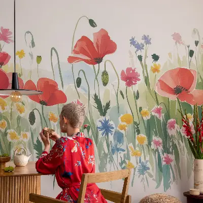34D-Fototapete fürs Wohnzimmer mit Motiv einer Sommerwiese