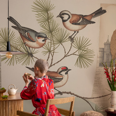 Selbstklebende Fototapete fürs Schlafzimmer mit einer Vogelcollage als Motiv
