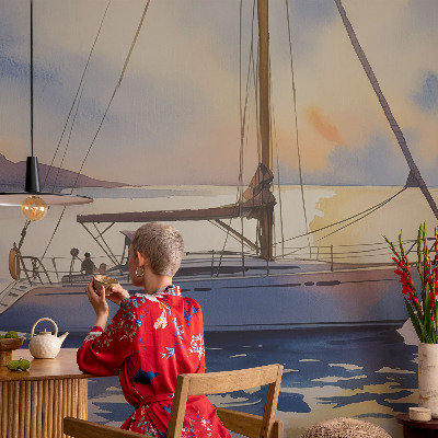Selbstklebende Fototapete fürs Schlafzimmer mit Motiv eines Segelboots im Westen