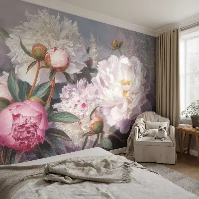36D-Fototapete fürs Schlafzimmer mit Motiv eines Pfingstrosenstraußes